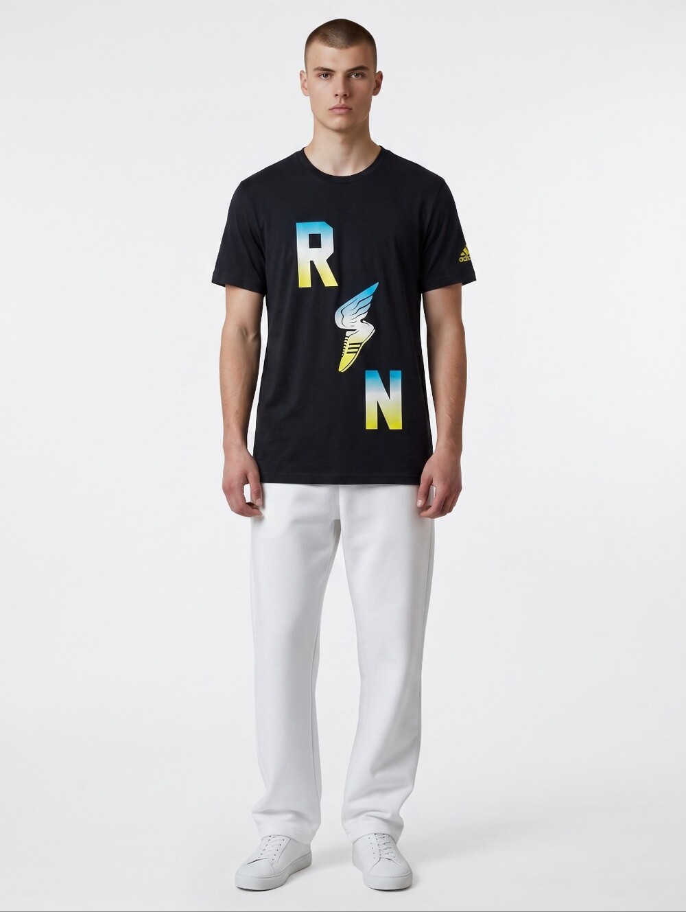 adidas Black Short-Sleeve RUN Graphic Tee with Blue-Yellow Gradient
